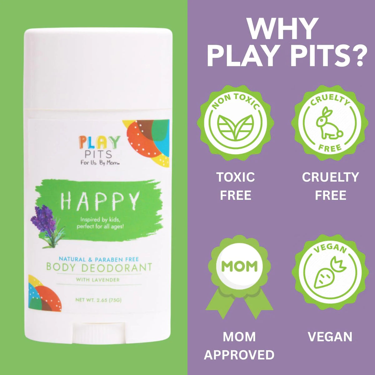 PLAY PITS - Kids Deodorant for Girls & Boys - Natural - Aluminum-Salt Free - Safe for Sensitive Skin - HAPPY is Infused w/Lavender Essential Oils - Non-Toxic & Paraben Free - 2.65oz - 2pk