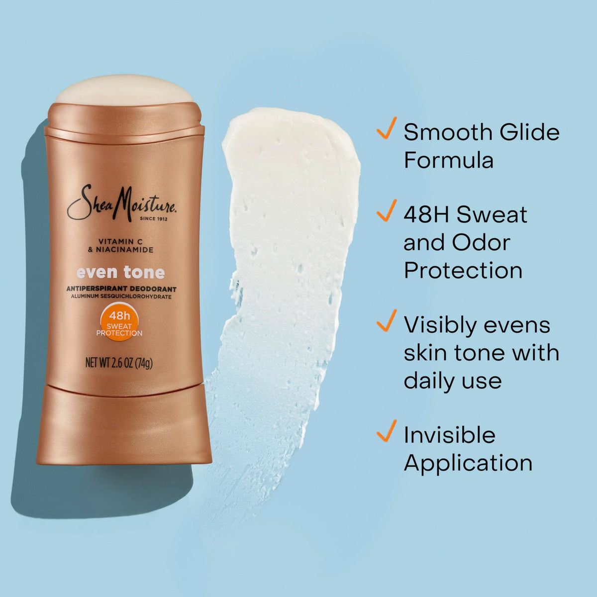 SheaMoisture Antiperspirant Deodorant Stick Even Tone Vitamin C & Niacinamide for 48HR Sweat & Odor Protection with No Parabens & No Mineral Oil 2.6 oz, (Pack of 4)