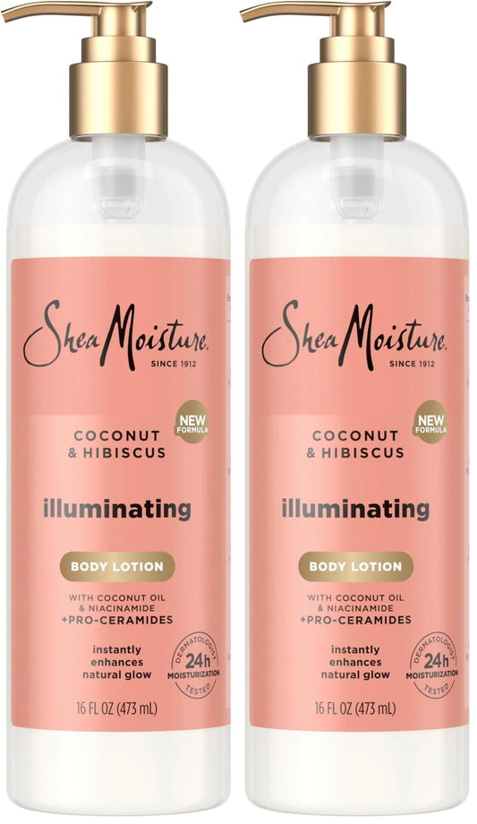 SheaMoisture Illuminating Body Lotion with Coconut Oil, Hibiscus, Niacinamide and Pro-Ceramides, Instantly Enhancing Skin's Natural Glow, 24H Moisturizing 16 oz, (Pack of 2)