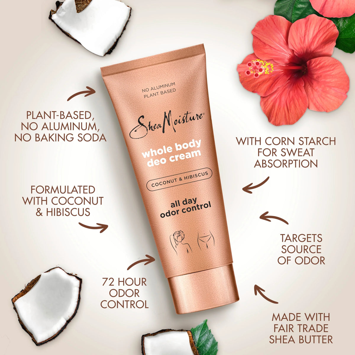 SheaMoisture Whole Body Deo Cream Coconut & Hibiscus 3 count for All-Day Odor Control, with No Aluminum, 2.5 oz