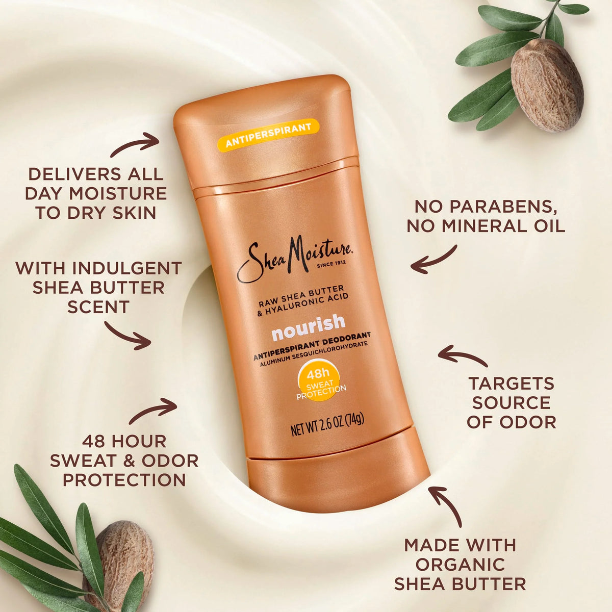 SheaMoisture Antiperspirant Deodorant Stick Moisturizing Raw Shea Butter & Hyaluronic Acid 2 Count for 48HR Sweat & Odor Protection with No Parabens & No Mineral Oil 2.6 oz