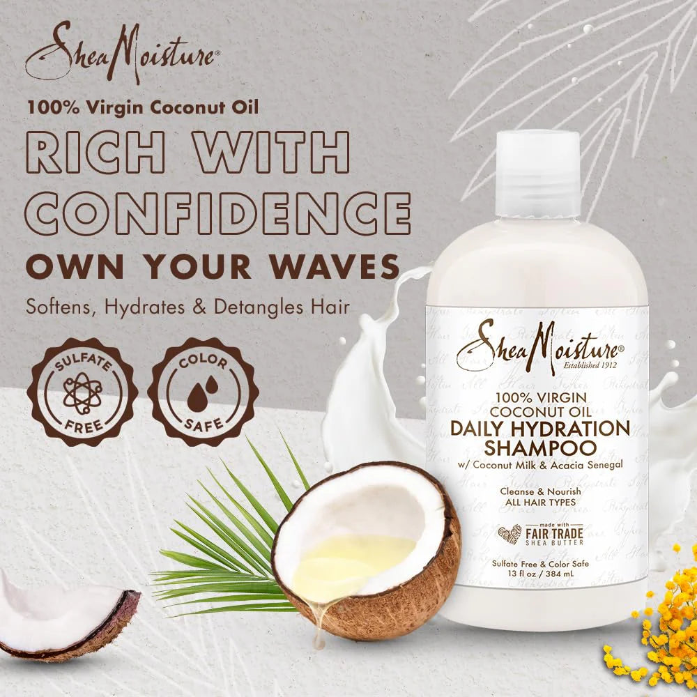 SheaMoisture Shampoo, 13 oz, All Hair Types | Daily Hydration | Virgin Coconut Oil | Sulfate-Free | Pack of 2