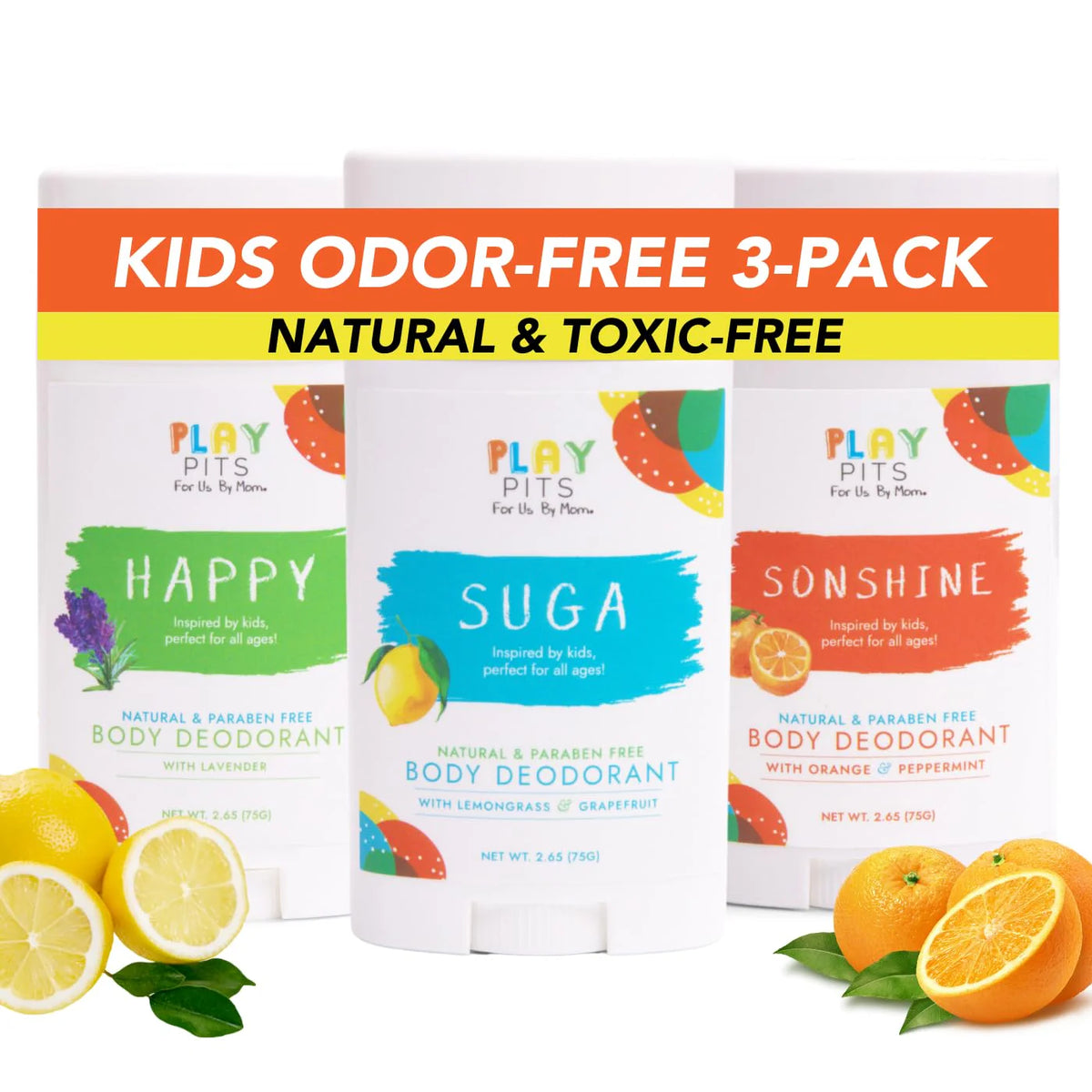 PLAY PITS - Kids Deodorant for Girls & Boys - Natural - Aluminum-Salt Free - Safe for Sensitive Skin - Variety Pack - SUGA, SONSHINE, & HAPPY – Clean, Non-Toxic, & Paraben Free - 2.65oz - 3 pack
