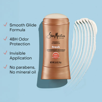 SheaMoisture Antiperspirant Deodorant Stick Fresh Coconut & Hibiscus 2 Count for 48HR Sweat & Odor Protection with No Parabens & No Mineral Oil 2.6 oz