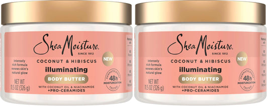 SheaMoisture Illuminating Body Butter with Coconut & Hibiscus, Niacinamide and Pro-Ceramides, Renewing Skin’s Natural Glow, 48H Moisturizing 11.5 oz,(Pack of 2)