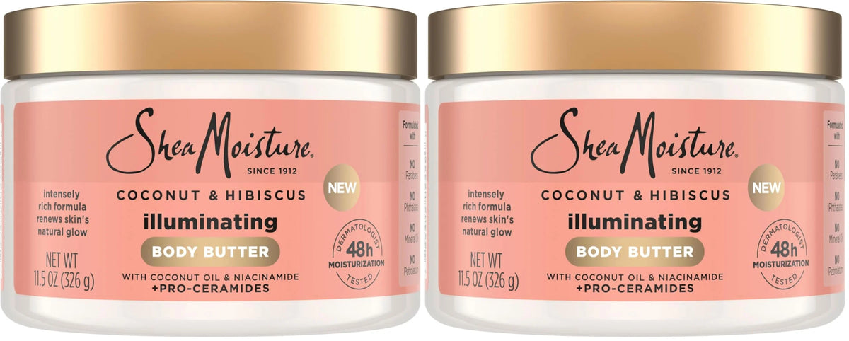 SheaMoisture Illuminating Body Butter with Coconut & Hibiscus, Niacinamide and Pro-Ceramides, Renewing Skin’s Natural Glow, 48H Moisturizing 11.5 oz,(Pack of 2)